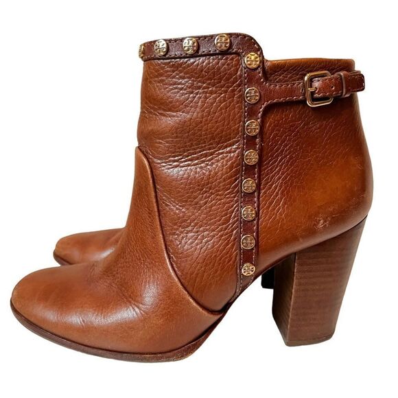 Tory Burch Mae Brown Leather Studded Ankle Boots - Picture 2 of 12